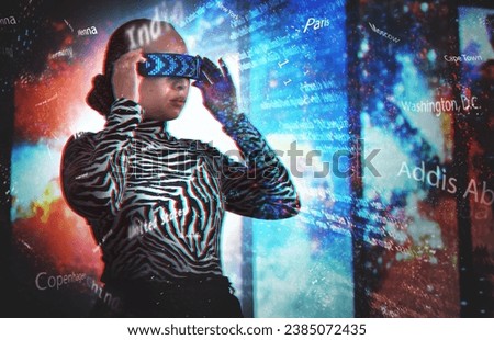 Metaverse, woman and virtual reality glasses with global overlay for digital transformation. Person with vr headset for ai software hologram with cyber 3d world for big data, future and travel news