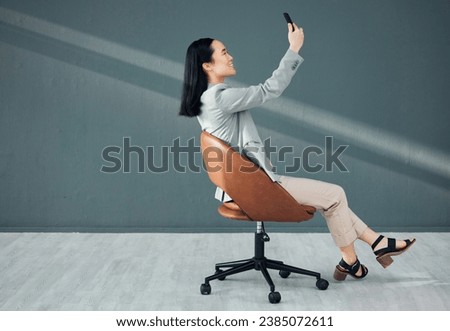 Selfie, video call and woman with a phone for connection, signal and communication at work. Conversation, corporate and Asian employee reading an email, message or chat on a mobile app in an office