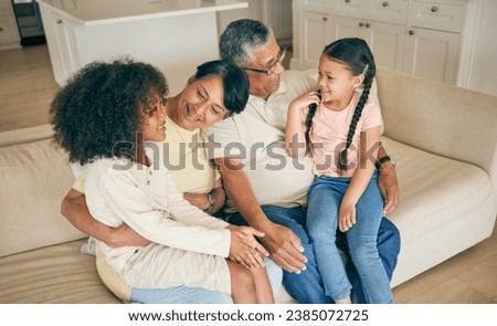 Grandparents, kids and family on sofa in home for love, care and fun quality time together. Grandmother, grandfather and happy young children relax on couch for bond, support and smile in living room Royalty-Free Stock Photo #2385072725