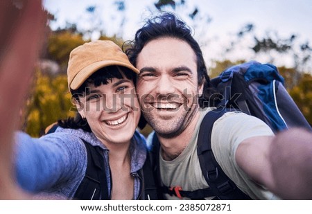 Hiking, selfie and portrait couple on mountain for adventure, holiday and freedom outdoors. Travel, dating and happy man and woman smile for picture to explore, trekking and backpacking in nature
