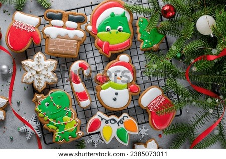 Christmas Gingerbread Cookies, Set of Handmade Christmas Treats on Bright Background