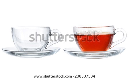 Set of cups with tea isolated on white background.