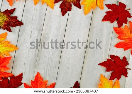 The wooden board was decorated with autumn leaves.Background with multicolored leaf flowers. selective focus.Colorful flower background design concept. empty space, seasonal concept