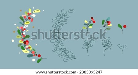  Collection of lingonberry and cranberry branches. Set of branches and berries in vector. Flat style. Outline style.