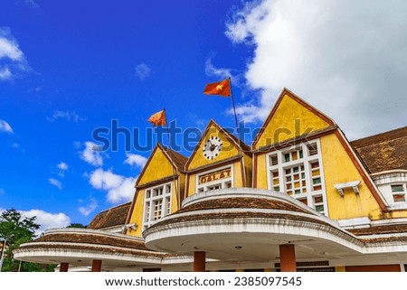 Da Lat city train station. The station was built by the French from 1932 to 1938 when completed, and is a hub station on the 84 km long Thap Cham - Da Lat railway, with unique architecture. Royalty-Free Stock Photo #2385097545