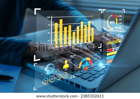 business people analyze virtual graphic financial graph chart diagram on mobile laptop computer, digital technology, business strategy, stock market investment, business finance technology concept Royalty-Free Stock Photo #2385102611