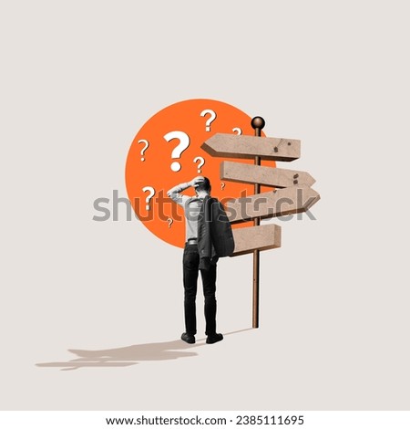 Businessman in front of a signpost with different directions. Art collage. Royalty-Free Stock Photo #2385111695