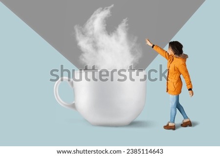 Contemporary collage. Young woman with huge cup of coffee