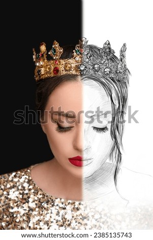 Beautiful woman wearing luxurious crown, combination of photo and sketch