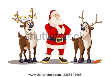 Merry Christmas Santa Claus Cartoon Character with big red Sack of gifts and his friends reindeers animal. Isolated santa cartoon character for christmas. Vector illustration. Royalty-Free Stock Photo #2385141465