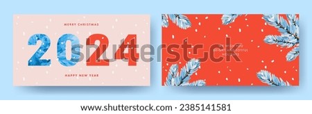 Happy New Year 2024 greeting card, poster, holiday cover. Modern Xmas design in blue, red, pink and white colors with drawn pine branches, frozen ice and brush painted snow. Bright Winter holidays