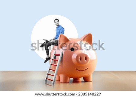 Businessman with laptop on a stack of sitting at a piggy bank in living room background. Success Concept. Art collage. 