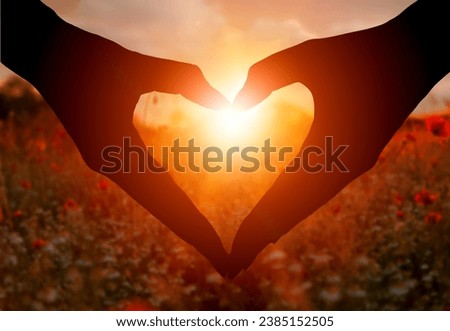Female hands do heart shapes on sunny nature background.