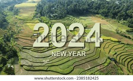 2024 New Year postcard with a background of vast green rice fields. Natural scenery version of the 2024 New Year greeting card.