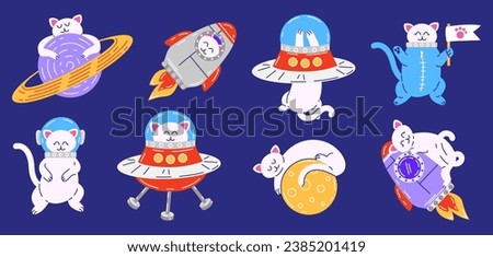Set of cute cartoon cats in space. Vector illustration of cats characters in flat style. Funny pet mascots. Space concept.