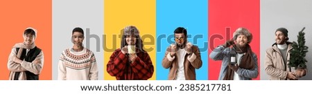 Collage of stylish men in winter clothes on color background