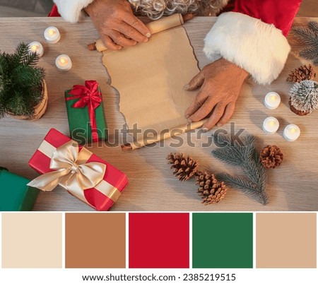 Santa Claus reading letter at table, top view. Different color patterns