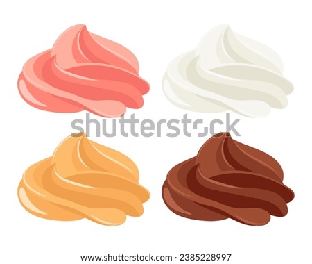 Creamy swirl set. Whipped cream, mousse. Strawberry, chocolate, vanilla and caramel cream. Dessert illustration in cartoon flat style. Food icon. Vector Royalty-Free Stock Photo #2385228997