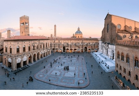 Bologna. Medieval city in Emilia Romagna in Italy Europe. Art and culture. Tourists from all over the world for Piazza Maggiore, Via Indipendenza, the leaning towers and the oldest university Royalty-Free Stock Photo #2385235133