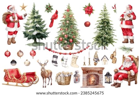 Watercolor Christmas illustration. Santa Clause, Christmas tree, deer, fireplace, Santa sleigh,  ornaments clipart. Decoration for holiday cards. Isolated on white background 