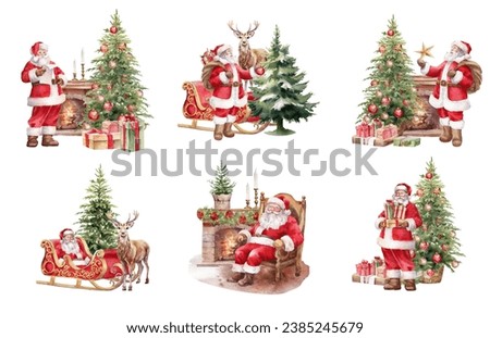 Watercolor Christmas illustration. Santa Clause scene, Christmas tree, deer, fireplace, Santa sleigh,  ornaments clipart. Decoration for holiday cards. Isolated on white background 