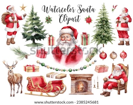 Watercolor Christmas illustration. Santa Clause, Christmas tree, deer, fireplace, Santa sleigh,  ornaments clipart. Decoration for holiday cards. Isolated on white background 
