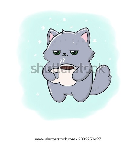 A sleepy and dissatisfied gray fat cat with green eyes holds a cup of coffee in its paws. Blue background. Sticker. Children's illustration. Flat character.