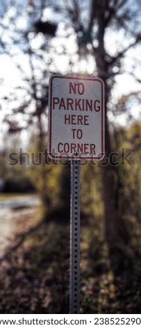A posted sign saying, "No Parking From Here To Corner". Blurred background.