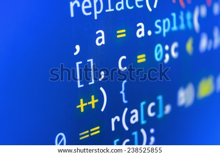 Programming code abstract screen of software developer. Computer script. Blue color.