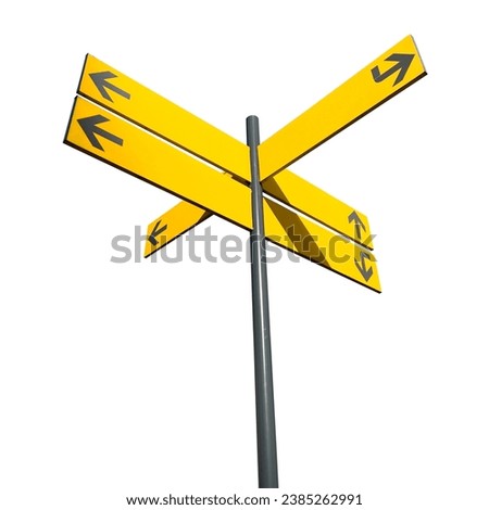 Yellow street sign or direction sign isolated on white background. Template or mockup
