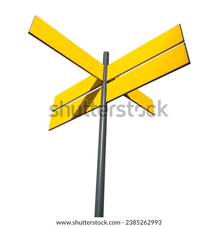 Yellow street sign or direction sign isolated on white background. Template or mockup