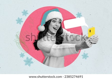 Collage artwork picture of funky smiling lady recording new year greetings empty space isolated painting background