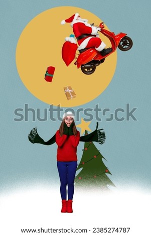 Vertical collage picture of astonished girl santa claus fly bike deliver giftbox christmas tree snowy weather isolated on creative background