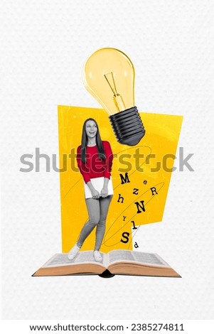 Creative drawing collage picture of young female read book brilliant idea electric bulb surrealism template metaphor artwork concept