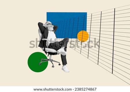 Picture collage sketch of elderly man sitting chair enjoying relax rest hold hands behind head isolated on drawing background