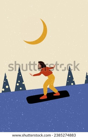 Vertical collage picture of carefree positive girl enjoy riding snowboard down hill snowy night forest moon isolated on creative background