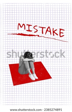 Image collage artwork of sad upset woman sitting hiding face suffer mistake failure isolated on checkered page background Royalty-Free Stock Photo #2385274891