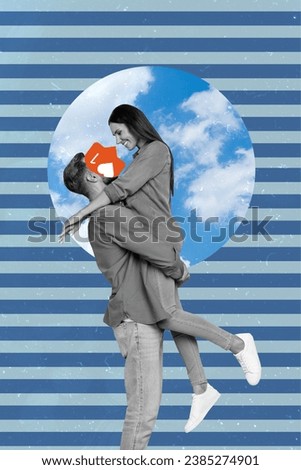 Picture collage sketch of enamored man hold lovely girl kissing hugging isolated on blue drawing background