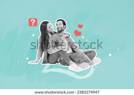 Picture collage sketch of cheerful enamored people sitting hugging enjoying honeymoon isolated on blue drawing background