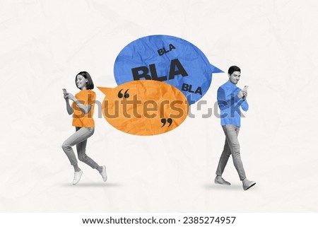 Composite collage picture of two black white colors people walking use smart phone chatting dialogue bubble bla blah Royalty-Free Stock Photo #2385274957