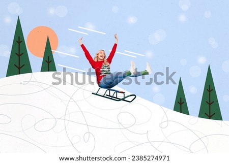 Creative composite illustration abstract collage photo of overjoyed ecstatic woman sledding down hill isolated on painted background