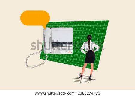 Banner collage 3d sketch of unknown girl support center operator speaking customers isolated on drawing background
