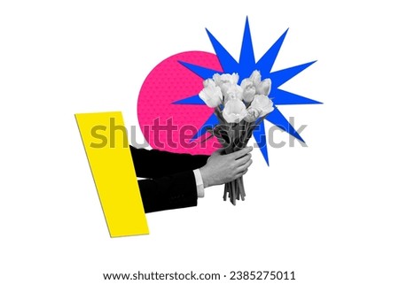 Creative retro 3d magazine collage image of arms holding beautiful bouquet isolated white color background