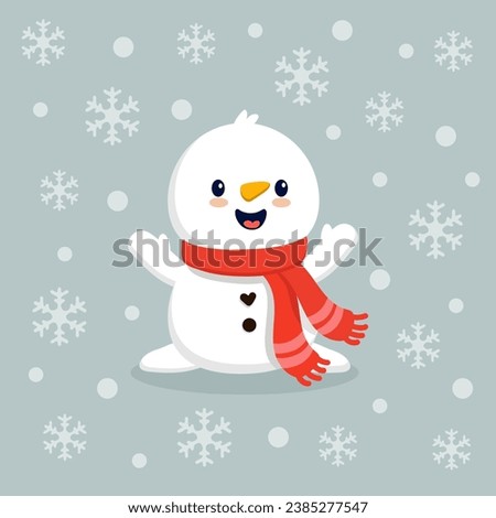 Cute cartoon snowman with a scarf and snowflakes, isolated . Flat design. Christmas vector illustration. 