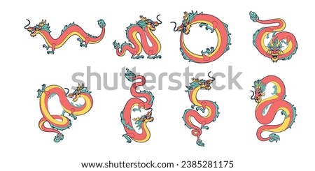 Vector Chinese Traditional Dragons Set Characters Illustration Isolated