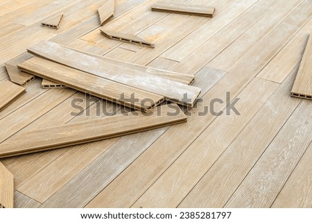 wooden boards - wooden floor, plank floor, installation on a construction site.