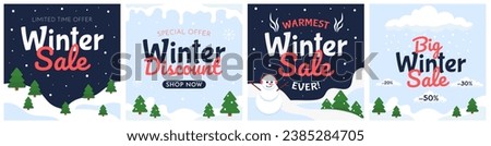 Winter sale square templates. Hand-drawn seasonal templates for social media, posts, cards, invitation with text. Colorful holiday cartoon style vector set.