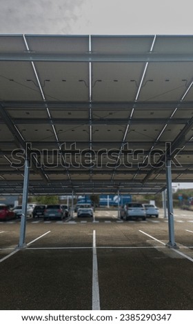 Solar canopy installation over parking. Wide angle lens view