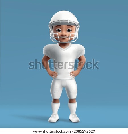 3d cartoon cute young american football player in blank white kit. Mockup of football team jersey