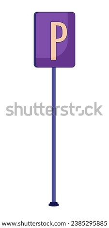 Parking sign pole 2D linear cartoon object. Urban road portable sign stand isolated line vector element white background. Regulation, navigation. Roadsign for vehicle cars color flat spot illustration